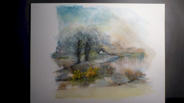 Campagne deux arbres et une maison